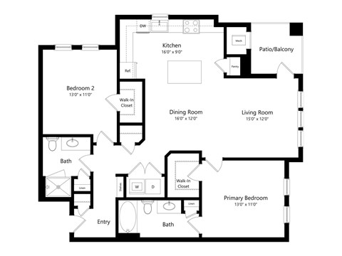 Floor plan for 2 beds, 2 baths, 1134 sqft